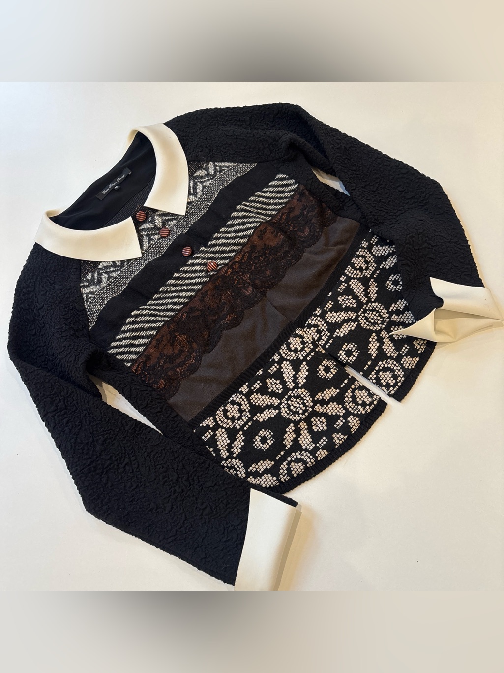 Black And White Patchwork Lace-Trim Women's Sweater
